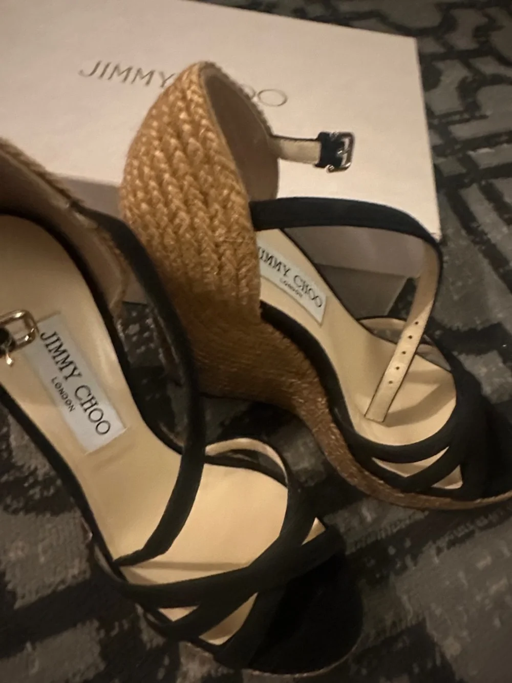 Jimmy Choo Black Suede Espadrille Wedge Sandals